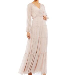 Mac Duggal Metallic Dot Long Sleeve Tiered A-Line Ruffle Gown Dress